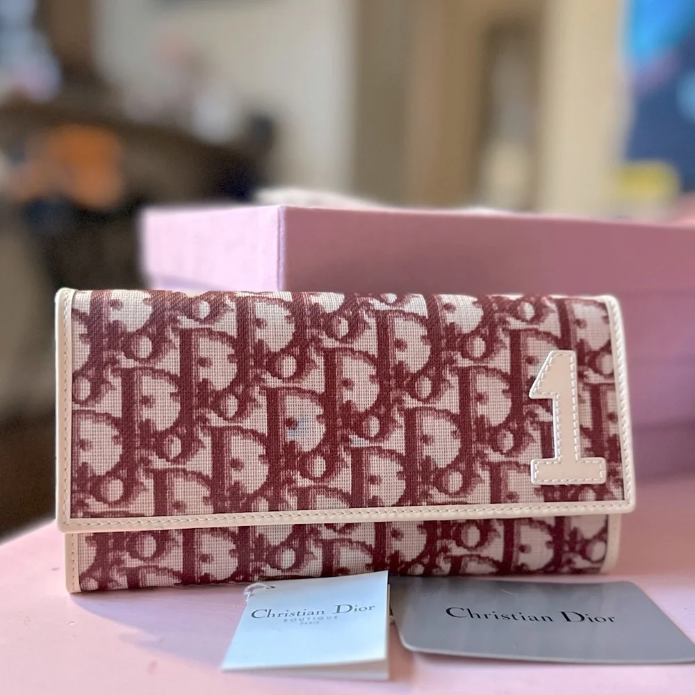 DIOR Trotter Canvas Leather Long Bifold Wallet Rogue Burgundy